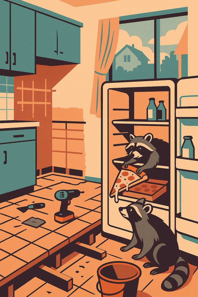 Two raccoons raid a refrigerator in the middle of a chaotic kitchen renovation, one stealing a slice of pizza while tools and exposed floorboards hint at unfinished construction.