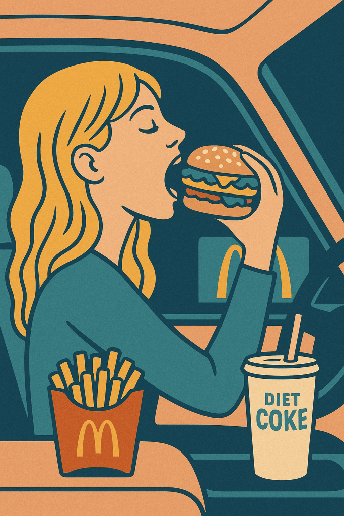 Woman eating Big Mac and fries alone in car at night after dramatic breakup, symbolizing fast food rebellion, emotional freedom, and leaving toxic relationships behind.