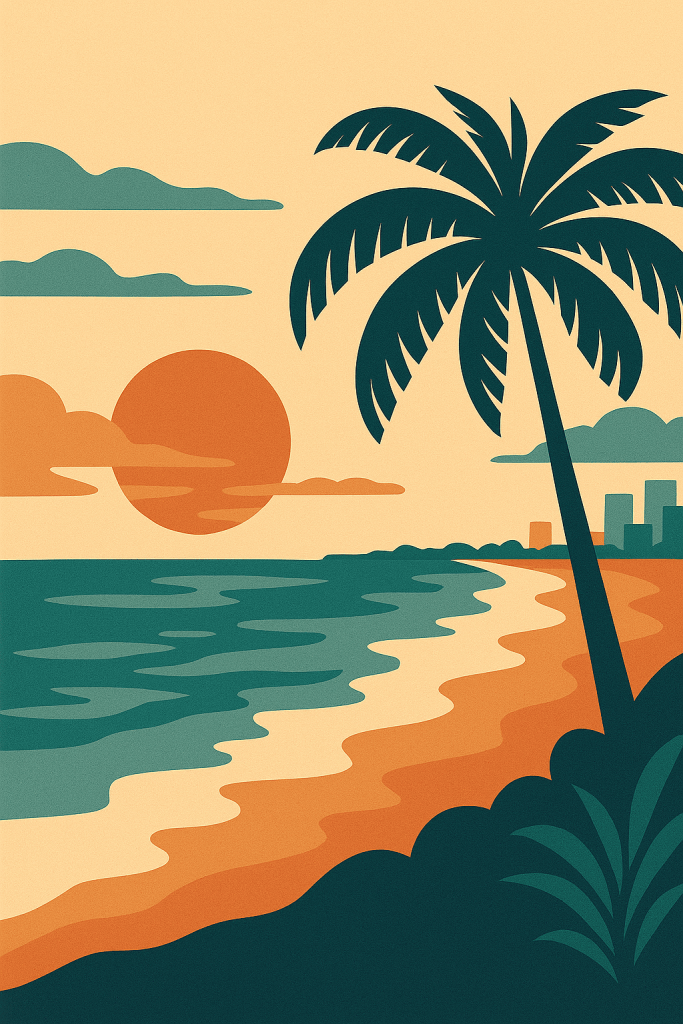 Retro sunset beach illustration with palm tree, ocean waves, and city skyline