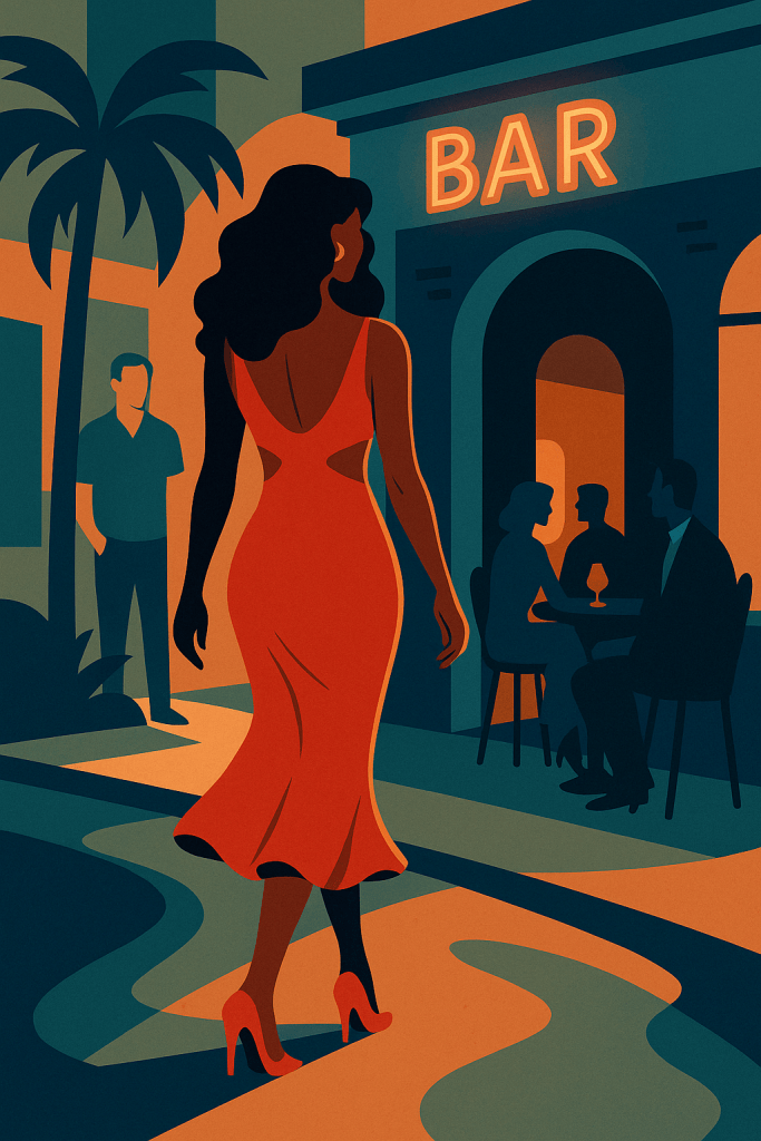 Black woman in red cutout dress, stylized poster-style portrait on warm background.
