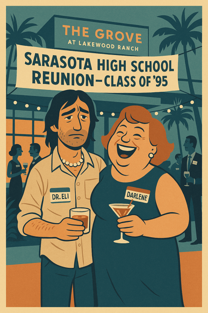Man wearing a 'Dr. Eli' nametag stands awkwardly beside an overly enthusiastic woman named Darlene at the Sarasota High School Reunion, revealing a catfish dating disaster at The Grove in Lakewood Ranch.