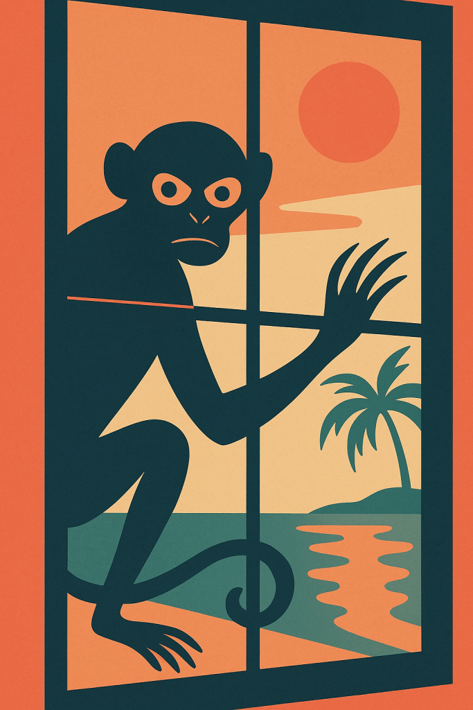 An illustrated monkey-like figure peering in through a window, with a sunset and palm trees visible outside.