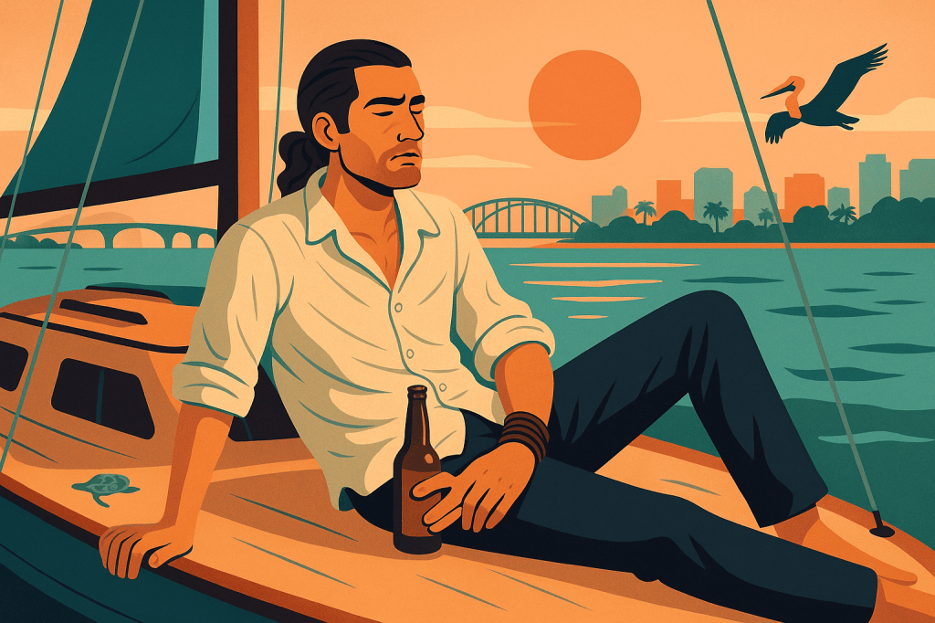 Man in open-collar shirt lounges on a sailboat in Sarasota Bay at sunset, holding a beer with eyes closed, unaware he’s about to be catfished into a high school reunion